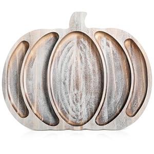 Sliner Fall Harvest Large Pumpkin Wooden Serving Platter 15x12 Inch Rustic Pumpkin Cheese Snack Fruit Meat Board Rustic Angle Shape Charcuterie Board Sectional Dish Plate for Thanksgiving (Grey White)
