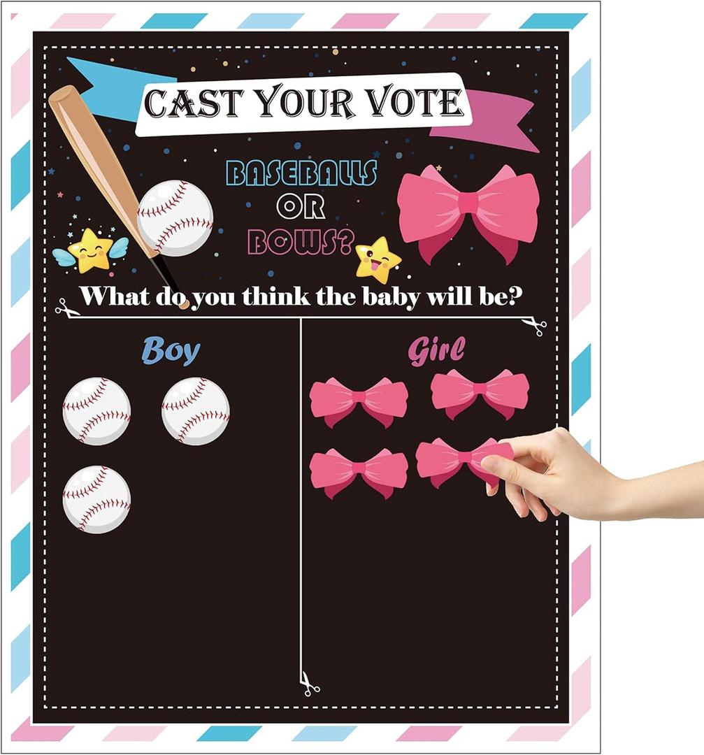 OSNIE Baseball or Bows Gender Reveal Games for Guests Cast Your Vote Poster with Voting Stickers for Boy or Girl He or She Gender Reveal Party Decorations Supplies Baby Gender Announcements Ideas