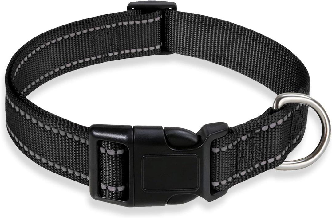 Reflective Dog Collar with Buckle Adjustable Safety Nylon Collars for Large Dogs (Black, L)