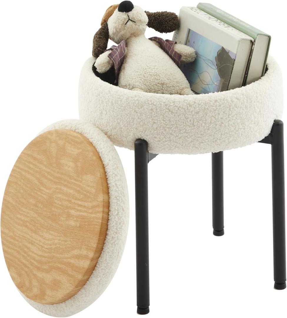 Vanity Stool Chair with Storage Multi-Functional Makeup Stool & Side Table Teddy Velvet, 4cm Foam Support Storage Chairs, 300lb Capacity for Bedroom Living Room Dressing Room (White+Black)