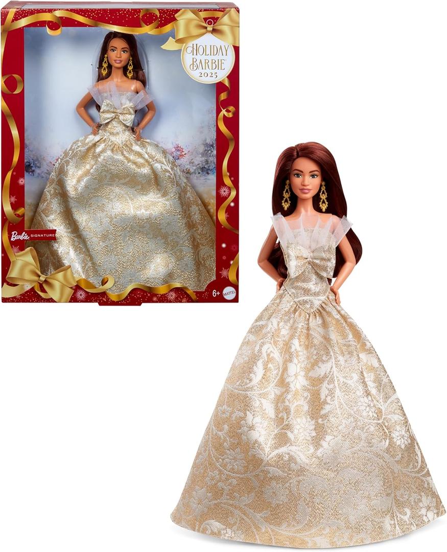 Barbie Holiday Barbie Long Hair Signature BLACK Dress-up Doll and House, Pretend Play, For Ages 6 and Up, Gold JBH97
