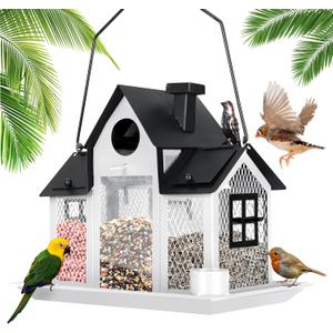 Solar Bird Feeders House for Outside Hanging, Metal Wild Bird Feeder for Outdoors Large Capacity Cardinal Birdfeeder Birdhouses Metal Bird Feeding Station White