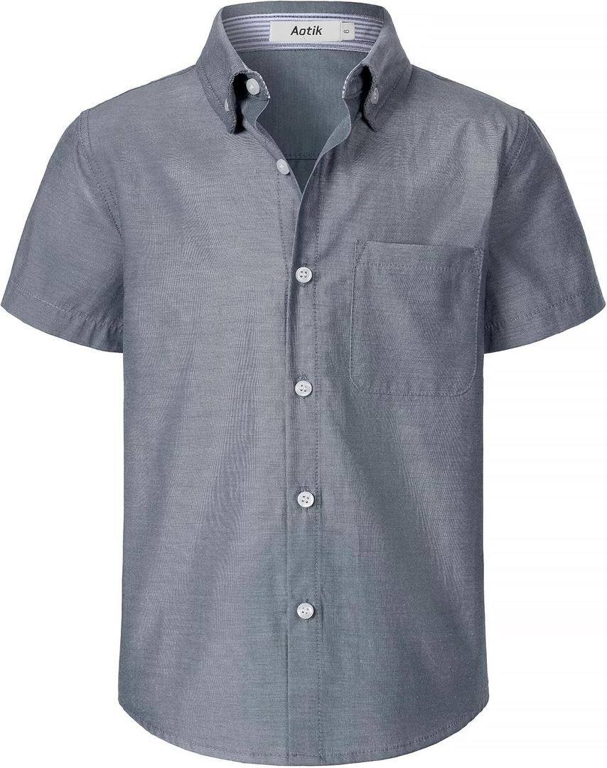Boys Oxford Button Down Shirt Short Sleeve Formal Uniform Dress Shirts with Pocket ( Size 6, Dark Gray)