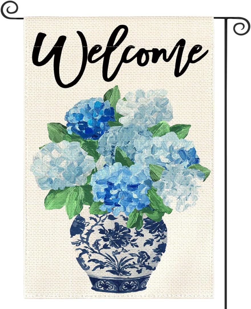 2 x AVOIN colorlife Chinoiserie Spring Hydrangea Welcome Garden Flag 12x18 Inch | Double Sided, Weather & Fade Resistant, Yard Outdoor Decoration, for Outside, Blue and White Ginger Jar
