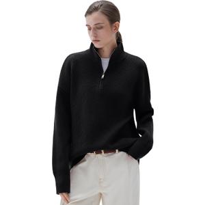 SUUKSESS Women Cashmere Blend Oversized Quarter Zip Pullover Sweater Long Sleeve Collared Ribbed Knit Jumper Tops (Small, Black)