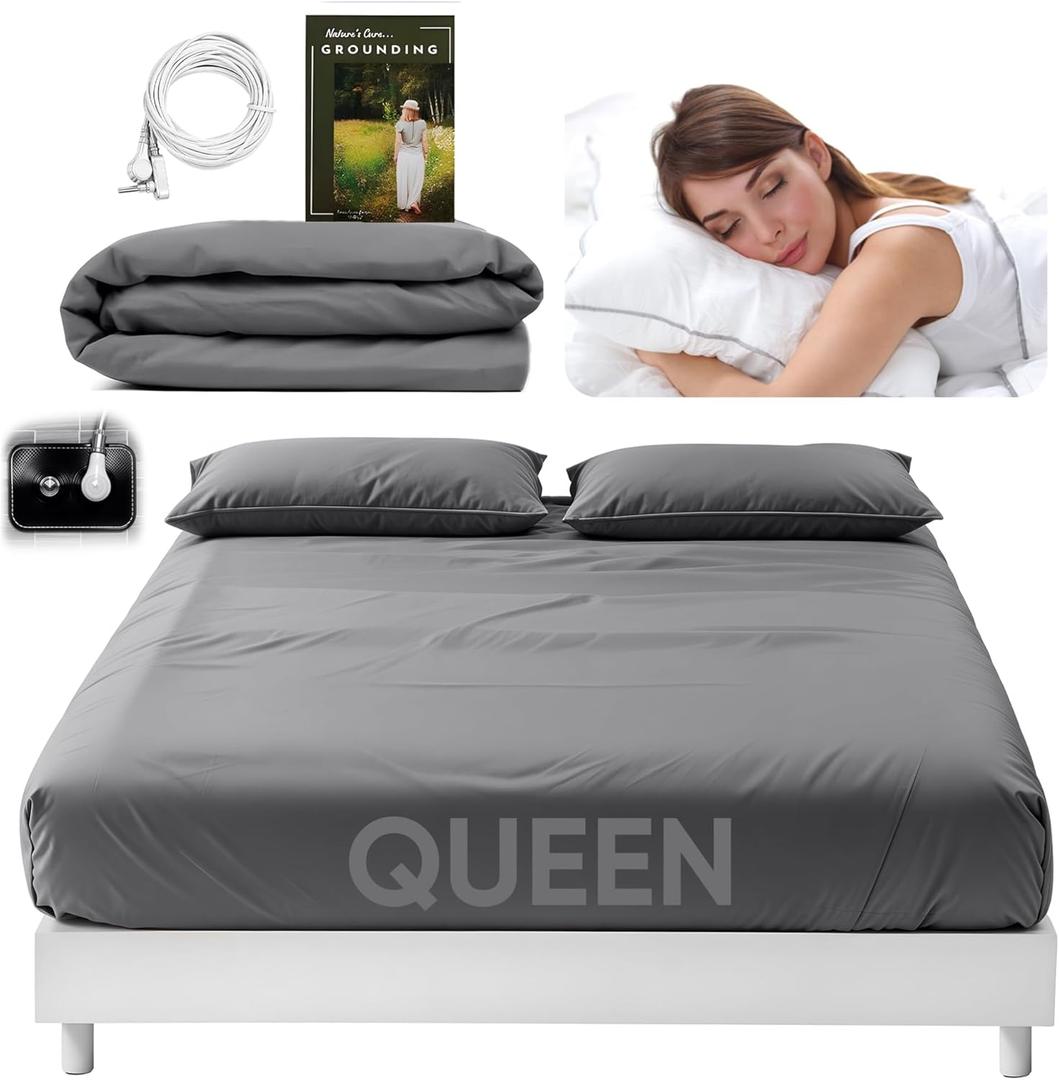 Earthing Grounding Sheets Queen Size (Grey) - 400 Thread Count Soft Earthing Grounding Sheet w/Cotton, & Silver Fiber- Earthing Sheets Grounding with Reinforced Grounding Cord for Conductivity, Gray