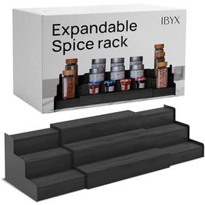 Bamboo  Rack Organizer for Cabinet - Expandable Bamboo Spice Storage - Non-Skid Countertop Step Spice Shelf - Great for Kitchen Cabinet, Countertop, Cupboard, Pantry (Black) 12.70to 22.20inch