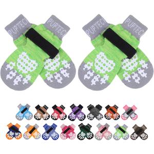 PUPTECK Anti-Slip Dog Socks with Double Sides Grips for Small Medium Large Dogs Hardwood Floors Prevents Licking, Dog Shoes for Hot Pavement Traction Control for Senior Dogs, Fluorescent Green, XS