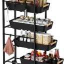 5-Tier Slim Storage Cart, Wooden Top Rolling Kitchen Cart with Pull-Out Baskets & Wheels, Narrow Space Utility Cart Slide Out Organizer for Kitchen, Bathroom, Laundry Room, Black (8.07" W  14.37" D  32.28" H)