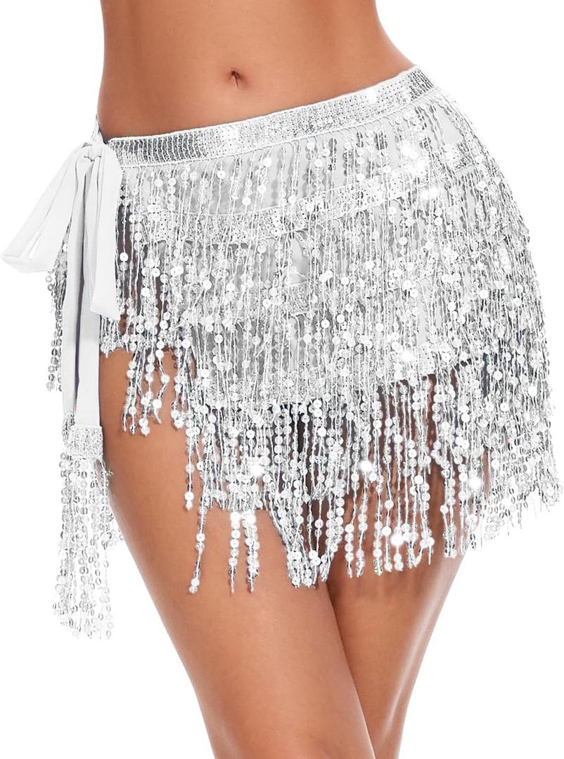 Ammiko Sequin Skirt Fringe Wrap Skirts Sparkly Belly Dance Hip Scarf Tassel Skirt Party Rave Costume for Women Girls, One Size