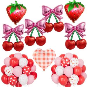 DBKL Cherry Balloons with Pink Bow & Strawberry Foil Balloons, Cherry On Top Party Decorations for Berry First Birthday, Baby Shower, Bridal Shower, Summer Fruit Party Supplies, Red Pink