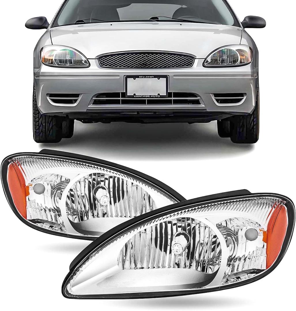 For 2000 2001 2002 2003 2004 2005 2006 2007 Ford Taurus Headlights Headlamp Assembly Replacement OE Style, Chrome Housing