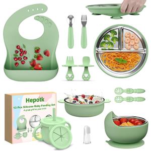 13 Pack Silicone Baby Feeding Set, BPA-Free Stainless Steel Toddler Feeding Supplies, Include Suction Plates, Baby Bowls, Silicone Fork & Spoon, and More, First Stage Baby Dish Set - 6+ Months (Green)