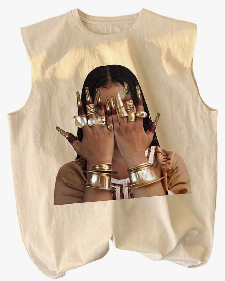 Summer Retro Graphic Tank Top Hippop Streetwear Y2K Tees
Graphic Oversized Tank Tops with Large Y2K Patern，Summer Vacation Outfits, Vintage Size L