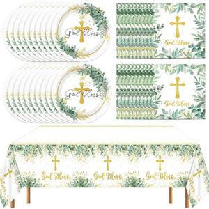 Naozinebi 41 Pcs God Bless Plates Baptism Tableware First Holy Communion Mi Bautizo Disposable Plates Napkins Tablecloth for Newborn Baby Shower Party Christening Religious Party Decorations