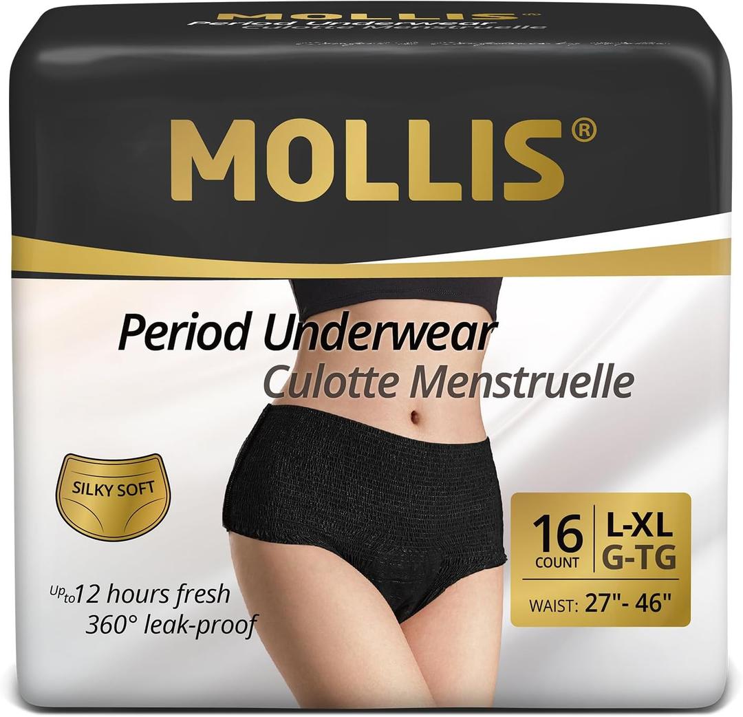 MOLLIS Disposable Period Underwear for Women, Postpartum Panties, Maternity Knickers Heavy Flow Leak Proof, Unscented, Black, Large/X-Large, 16 Count
