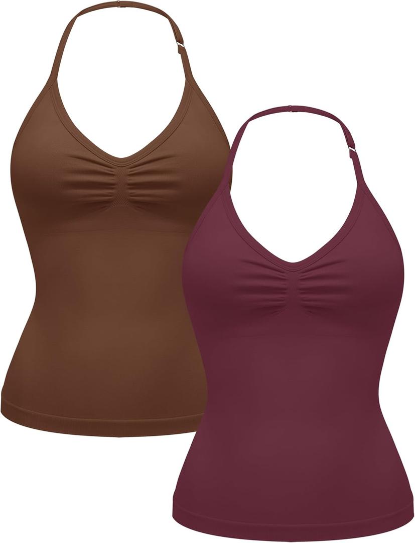 OLCHEE Womens Halter Tank Tops V Neck Impact Backless Longline Strappy Adjustable Gym Workout Top Padded (S)