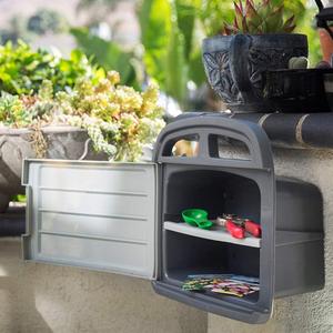 75 FT Garden Hose Holder with Nozzle Storage, Wall-Mounted Water Hose Reel Hangers for Outside, Weatherproof Resin Plastic Outdoor Storage Containers with Exclusive Shelf, Grey, 1 Pack