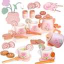 24-Piece Wooden Tea and Dessert Set for Girls Party Dinette Toy Girl 3 4 5 Years Old Kitchen Accessory Toddler Wooden Role Play Tea Party Gift Pink