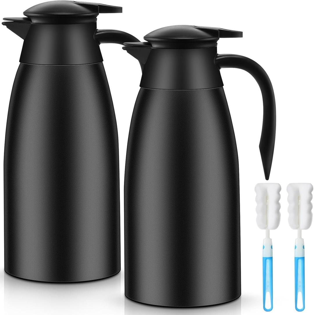 Norme 2 Pcs Thermal Coffee Carafe Insulated Stainless Steel Coffee Carafe for Hot Liquid Vacuum Thermal Pot Creamer Pitcher Dispenser with Brushes Keeping Hot Water Milk(Black) (68 oz)