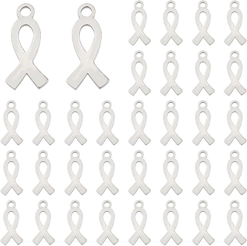 DICOSMETIC 50Pcs Ribbon Charms Bulk Breast Cancer Awareness Charms Hope Ribbon Pendant Dangling Autism Ribbons Bead Stamp Blank Tags Pendants for DIY Jewelry Craft Making Supplies