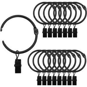 Black Curtain Rings with Clips 2 Inch, 18 Pack 2" Metal Openable Curtain Clips with Rings Window Curtain Rod Clips Hooks Hangers Rings