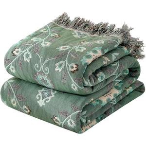 MSGKV Boho Throw Blanket for Couch Bed 60''x80'', 100% Cotton Blankets Woven Green Blanket Spring Reversible Spring Breathable Lightweight Decorative Throws