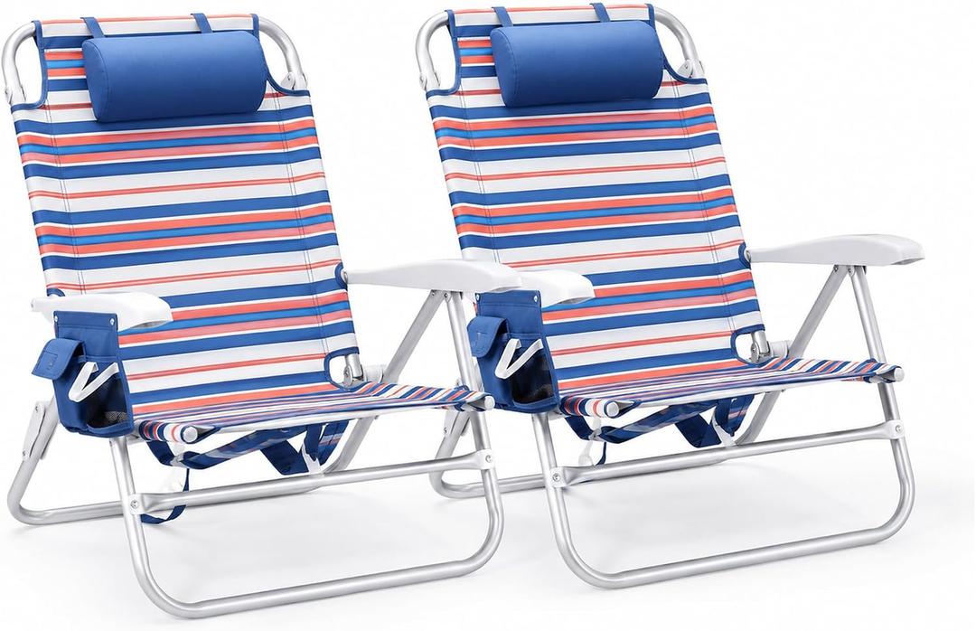 Old Bahama Bay 2 Pack 7-Position Lay-Flat Beach Chair, Lightweight Aluminum Frame Reclining Backpack Chair with Padded Headrest, Big Storage Bag, Heavy Duty Support for Tanning & Camping Stripe