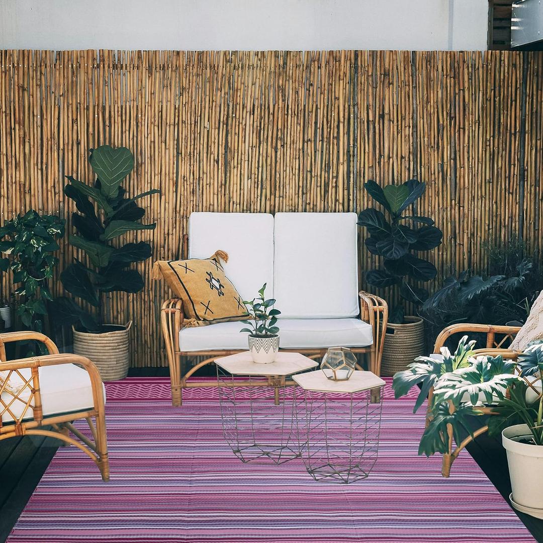 Reversible Outdoor/Indoor Plastic Rug Plastic Straw Rug Waterproof Portable Mat, Easy to Clean and Fold,Perfect for Garden, Patio, Picnic, Decking-Pink Purple,9x12Ft