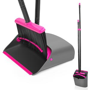 JEHONN Broom with Dustpan Combo Set, Long Handle Lightweight Indoor Broom Set, Upright Standing Dust Pan with Comb Teeth Store Sweep Set for Home Room Kitchen Office Lobby (Rose Red)