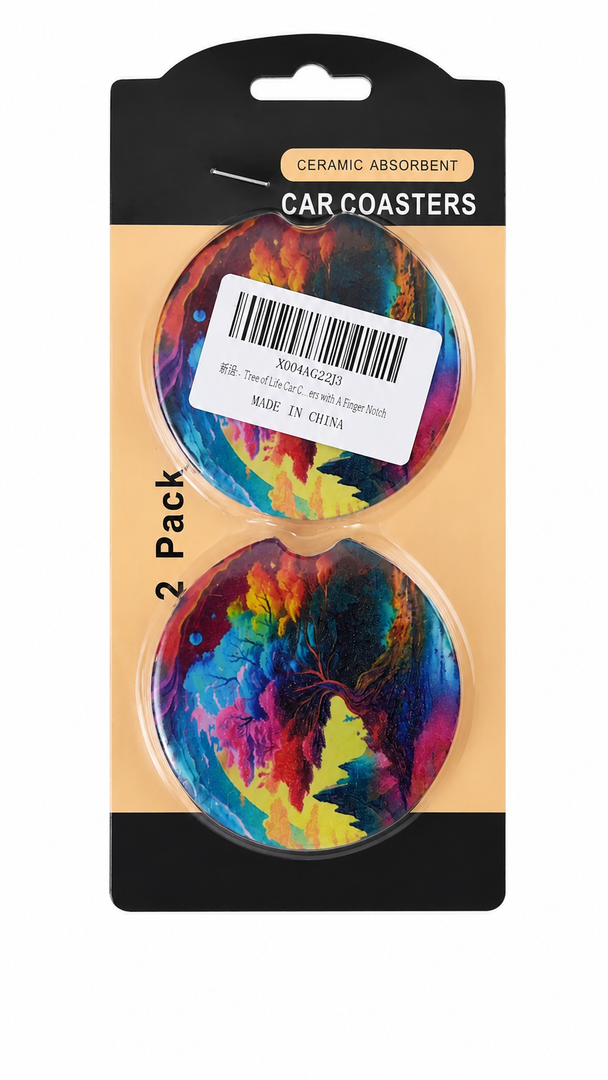  Tree of Life Glass Art Car Cup Holder Coasters 2 Pack Universal 2.63 Inch Anti Slip Ceramic Absorbent Coaster with Cork Base and Finger Notch Cute Car Accessories Interior for Women