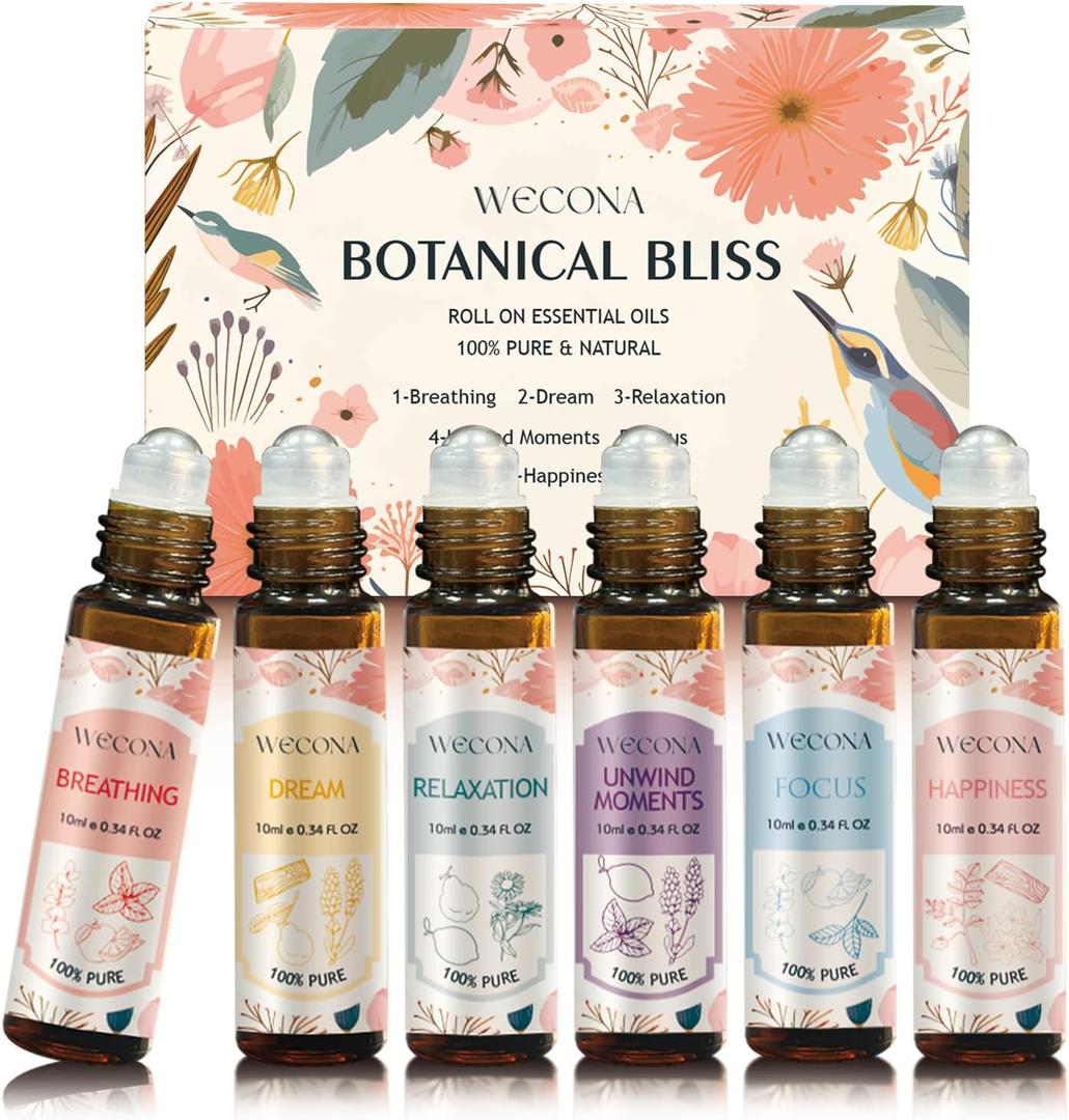 Wecona Aromatherapy Essential Oil Roll-On Set 6x10ml Essential Oil Blends with Roller Bottles, Portable Essential Oils for Diffusers for Home,Relaxing Gift for Women & Men