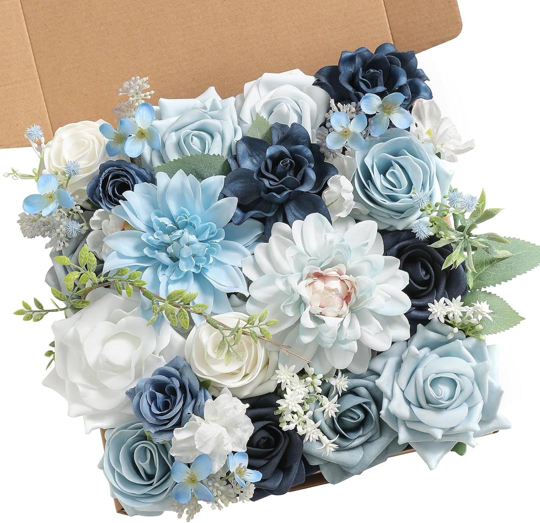 Serra Flora Artificial Flowers Combo Box Set for DIY Wedding Bouquets Centerpieces Arrangements Bridal Shower Party Home Decorations (Light Blue&navy Blue)