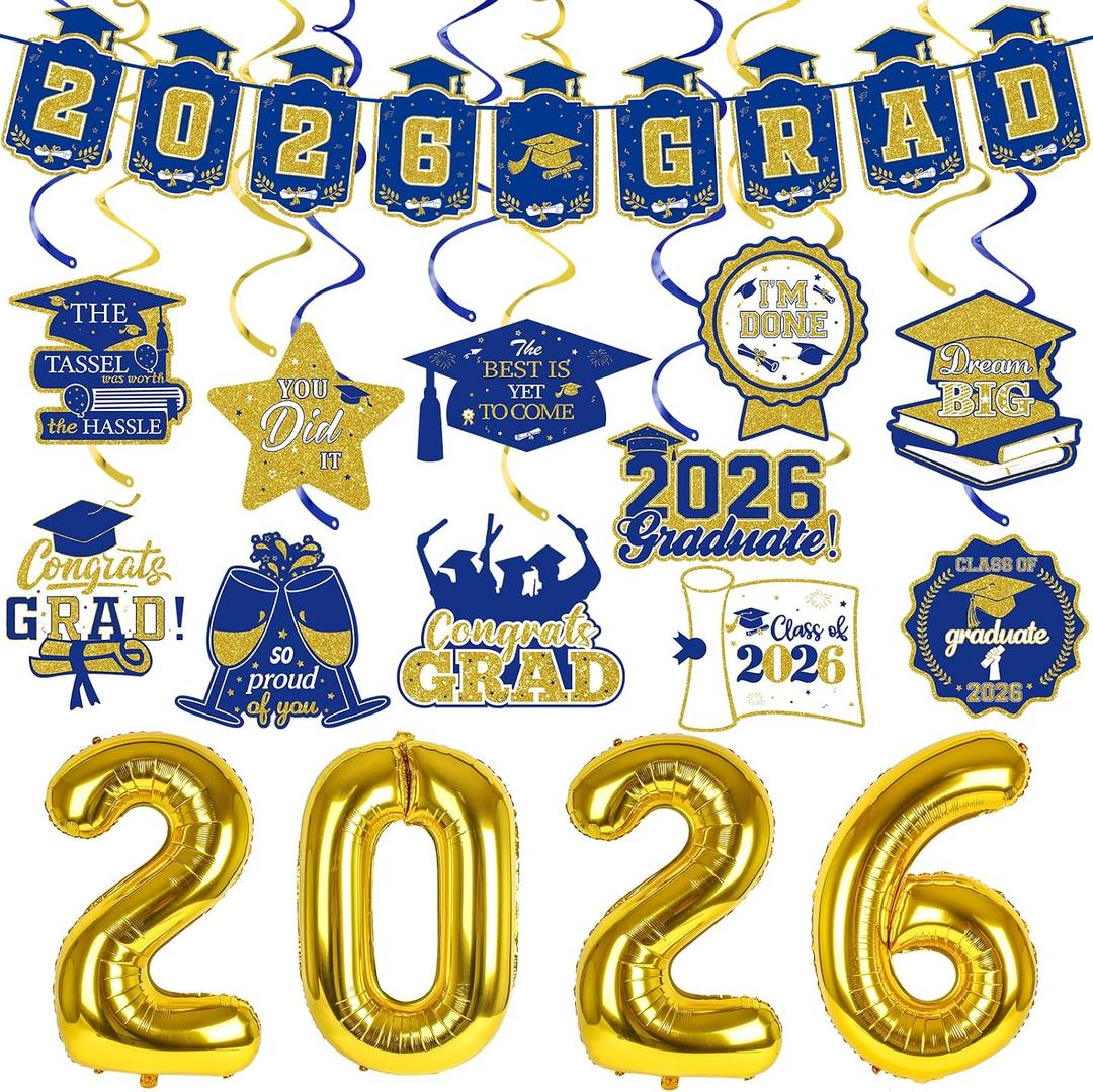Blue and Gold 2026 Graduation Decorations Set - 2026 Grad Banner, Grad Hanging Swirls and 2026 Foil Balloons for College High School 2026 Graduation Party Decorations Blue and Gold