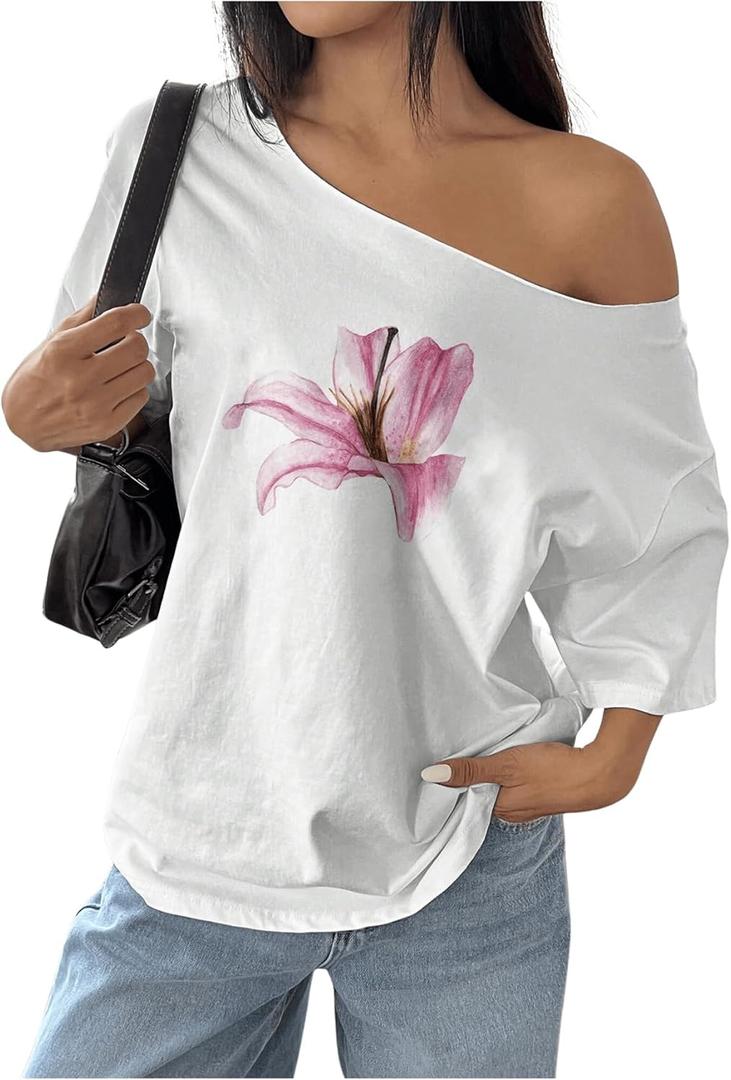Women's Off The Shoulder Tops Floral Graphic Oversized Tshirts Shirts Y2k Summer Tops Trendy (Yellow, S)