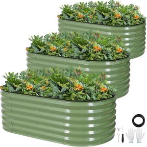 Galvanized Raised Garden Bed,4x2x1.4ft Planter Box for Deep Root Plant 3Pcs | OliveGreen Raised Bed Kit for Gardening with Rubber Strip for Vegetables Flowers Fruits,ideal for patio backyard balcony