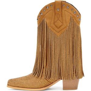 Women's Rhinestone Fringe Cowgirl Ankle Boots, Sparkly Western Cowboy Boots Pointed Toe Knee Block Chunky Middle Heel Pull On Bling Tassel Booties for Women Girl Party