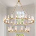 2 Tier Gold Wagon Wheel Chandelier with Glass Shade,53-Inch 36-Light,Rustic Farmhouse Chandeliers,Large Chandelier for High Ceilings Foyer, Entryway,Staircase, Dining Room, Living Room