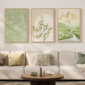 Framed Sage Green Landscape 3 Piece Wall Art for Living Room, Neutral Beige Mountain Botanical Print Canvas Artwork for Walls, Modern Nordic Rustic Nature Wall Decor for Bedroom Home Office, 16x24 In, 16" W x 24" H x 3Pcs