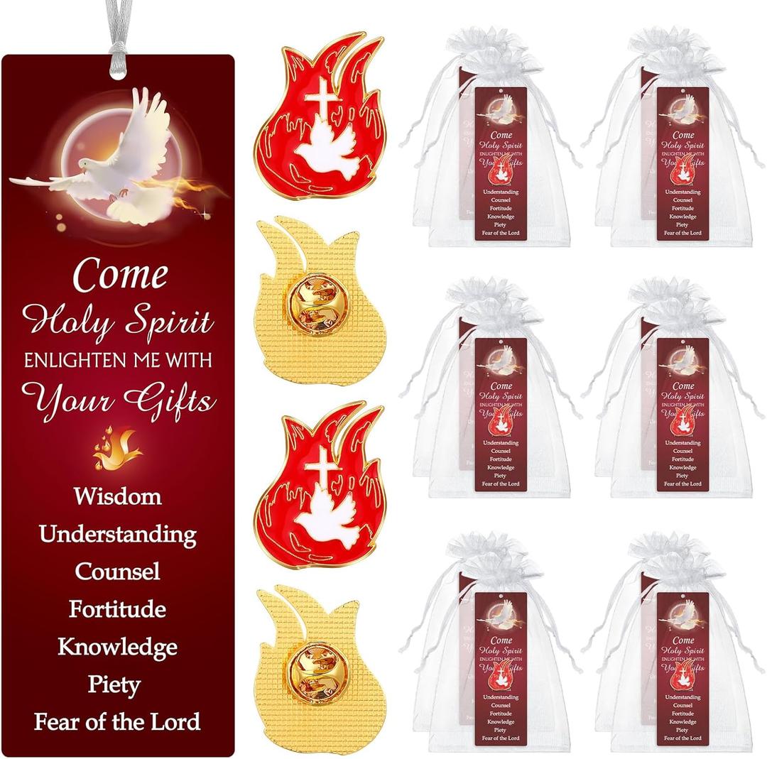 Supervitae 48 Pcs/ 24 Sets Come Holy Spirit Pin and Bookmark Gift Bulk, Include 24 Come Holy Spirit Bookmarks 24 Flame Cross Pin for Pentecost Adult Church Party Favors
