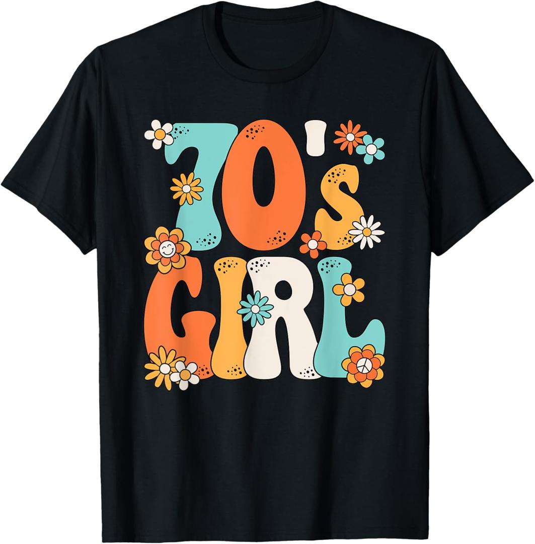 Groovy 70s Girl Hippie Theme Party Outfit 70s Costume Women T-Shirt (XL, Black)