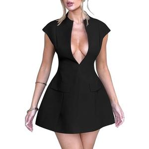 YMDUCH Women's Sexy Deep V Neck Cap Sleeve A-line Mini Club Party Dress, Black Large