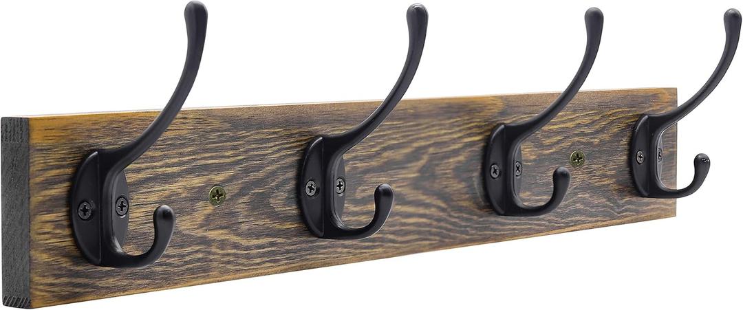 IBosins Wall Mounted Coat Rack, Entryway Hanging , Metal Wood Rack with 4 Black Literary Rustic Hooks Rail for Scarf, Bag, Towel, Key, Cap, Cup, Hat (Brown) (1 Item-4 Hooks, Brown Plate & Black Hook)
