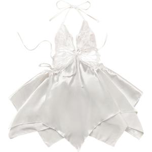 Midnight Surprise Butterfly Lace Lingerie Babydoll  White Sheer Halter Nightdress with Satin Petal Skirt (Large)