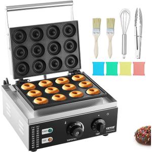 VEVOR Electric Donut Maker, 1550W Commercial Doughnut Machine with Non-stick Surface, 12 Hole Double-Sided Heating Waffle Machine Makes 12 Doughnuts, Temperature 122-572, for Restaurant & Home Use