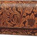 GOIACII Women's Wallet RFID Blocking Long Clutch Ladies Purse Vegan Leather Embossed Flower Brown