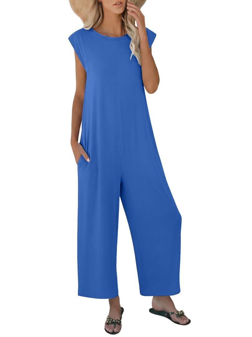 Nfsion Women's Summer Casual Round Neck Loose Cap Sleeve Long Pants Vacation Jumpsuit Romper with Pockets Medium Blue