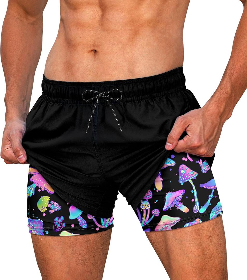 Cozople Mens Swim Trunks 5.5" with Compression Liner Breathable Quick Dry Bathing Suit Anti-Chafe Beach Shorts (Black, S)