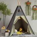 Teepee Tent for Kids Stripe Padded Mat Foldable Dark Tone Grey Play Tents for Girl and Boy with Carry Case Wooden Pole Printing Canvas Tepee Playhouse for Child Indoor Outdoor