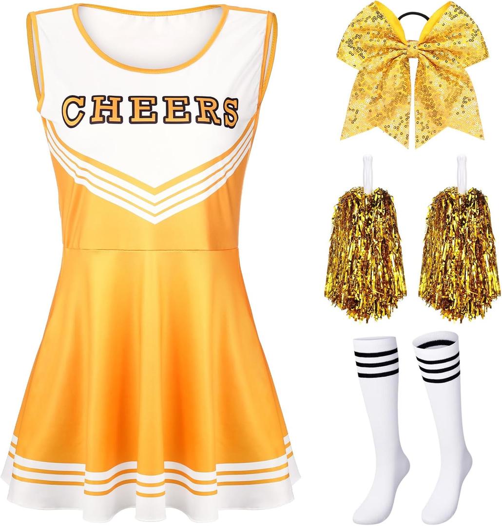 SATINIOR 4 Pcs Cheerleader Costumes for Women Adults Girls Uniform Outfit for Football Party (X Large, Gold)